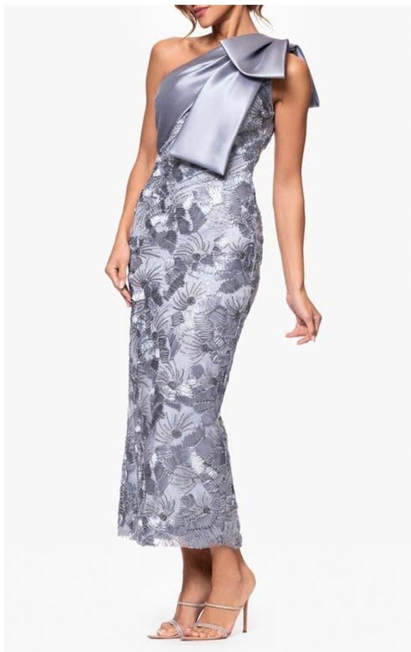 Betsy & Adam Gray One-Shoulder Bow-Trim Soutache Dress size 4